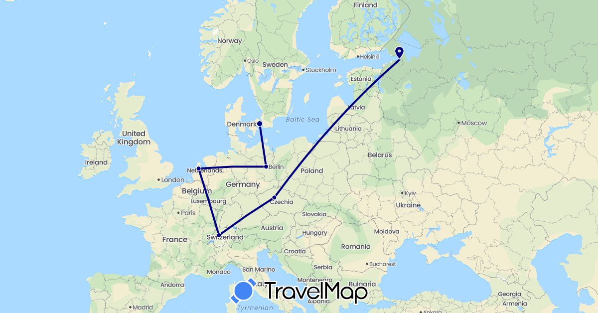 TravelMap itinerary: driving in Switzerland, Czech Republic, Germany, Denmark, Netherlands, Russia (Europe)