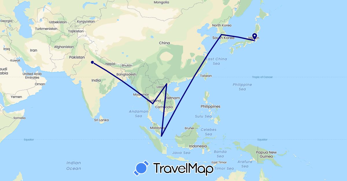 TravelMap itinerary: driving in India, Japan, South Korea, Singapore, Thailand, Vietnam (Asia)